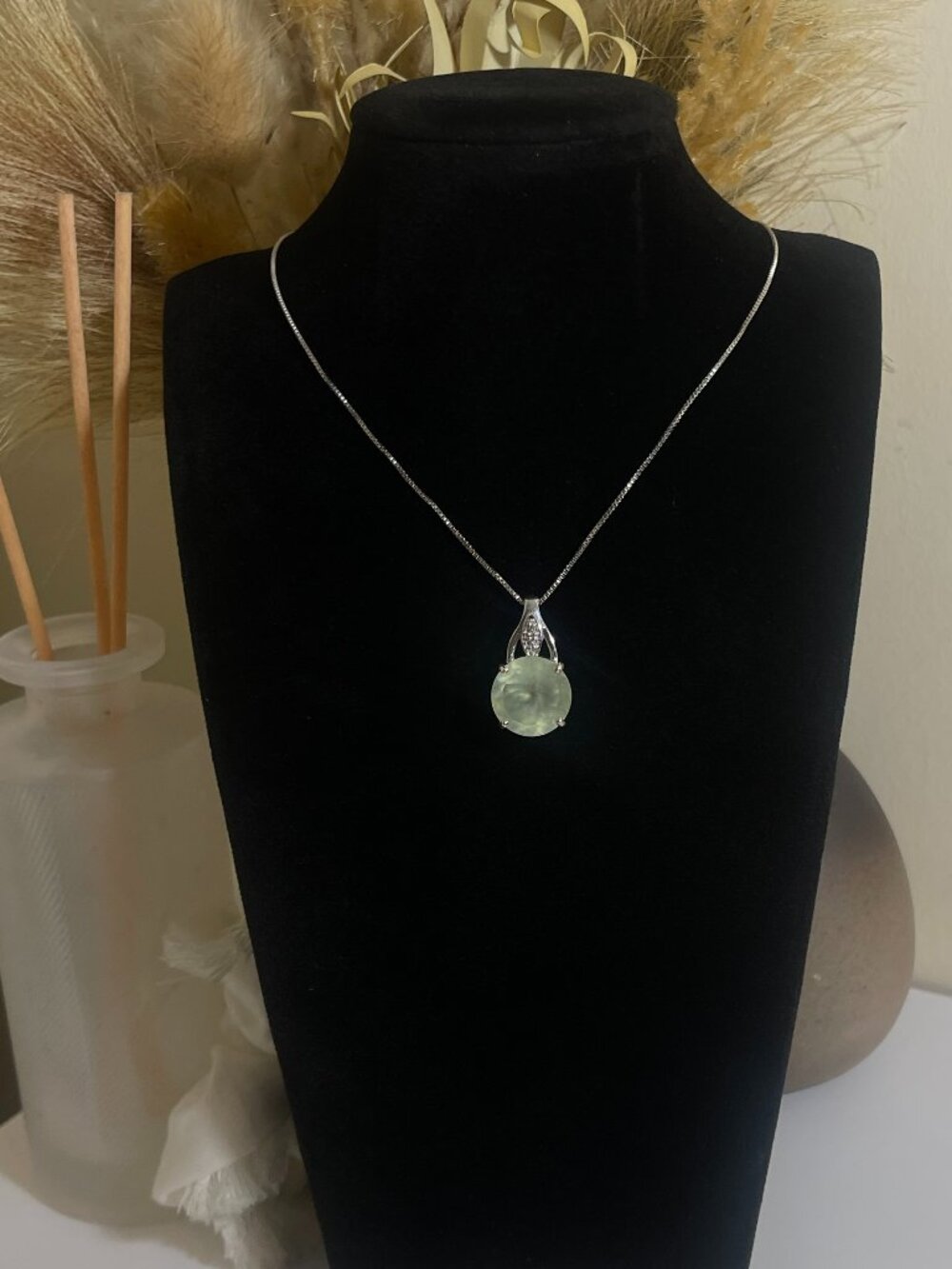 925 Sterling Silver Natural Green Prehnite White Zircon Pendant Necklace